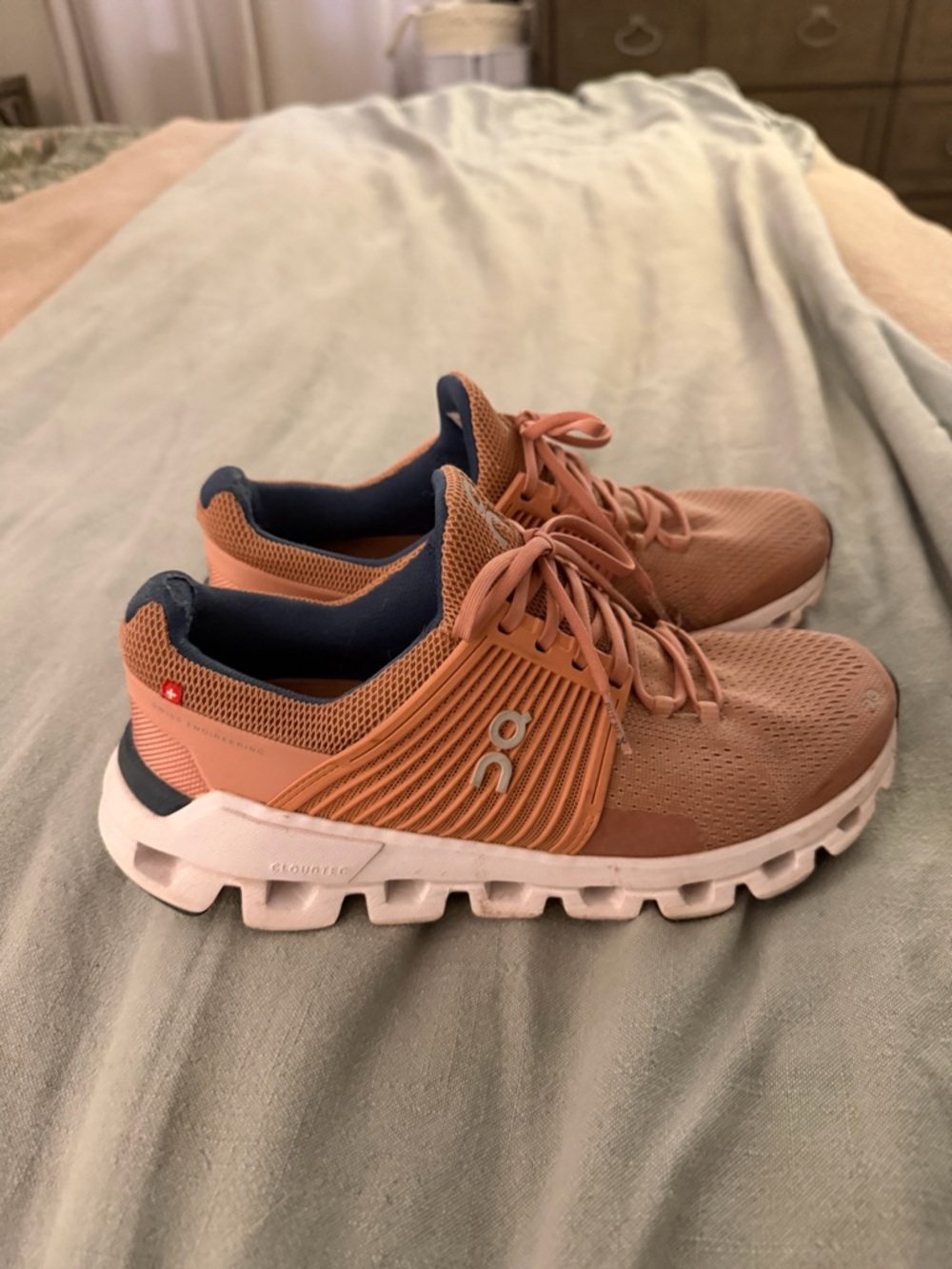 On Running Women's Coral Pink and Navy Cloudswift Sneakers